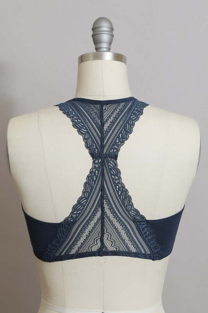 Leto Accessories seamless front lace racerback bralette in soft, stretchy fabric with delicate lace details.