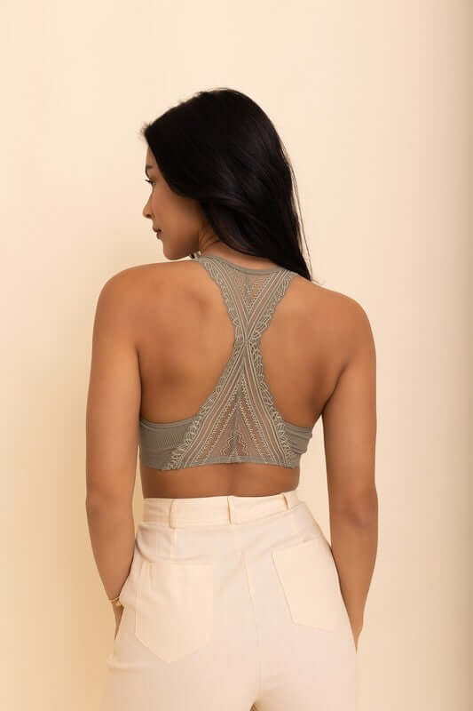 Seamless front lace racerback bralette from Leto Accessories, soft and stretchy intimate wear with lace detailing and racerback design.