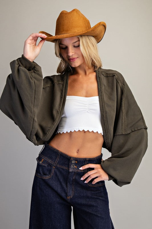 Solid Cropped Open Cardigan with Bubble Sleeves – Jungle Green & Black
