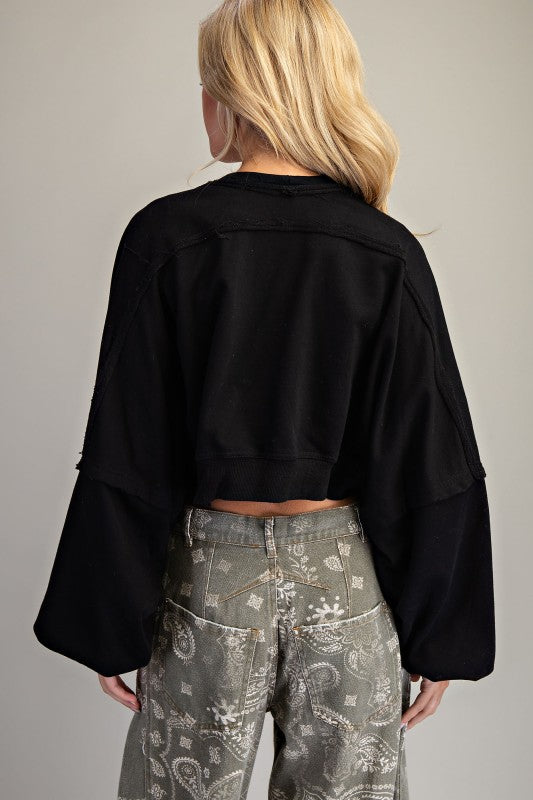 Solid Cropped Open Cardigan with Bubble Sleeves – Jungle Green & Black