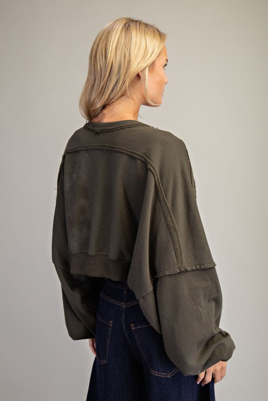 Solid Cropped Open Cardigan with Bubble Sleeves – Jungle Green & Black
