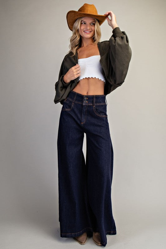 Solid Cropped Open Cardigan with Bubble Sleeves – Jungle Green & Black