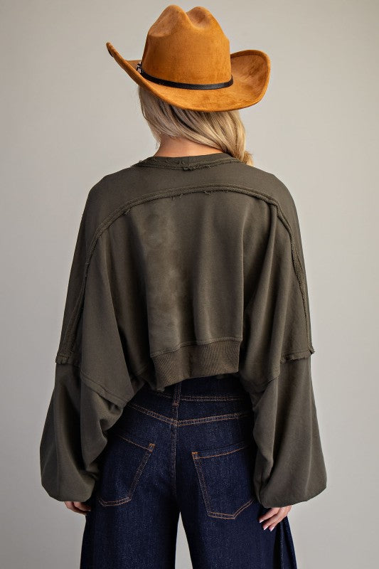Solid Cropped Open Cardigan with Bubble Sleeves – Jungle Green & Black