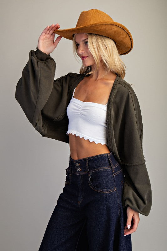 Solid Cropped Open Cardigan with Bubble Sleeves – Jungle Green & Black