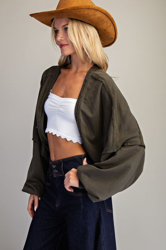 Solid Cropped Open Cardigan with Bubble Sleeves – Jungle Green & Black