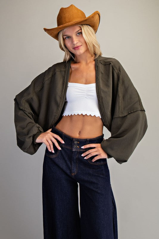 Solid Cropped Open Cardigan with Bubble Sleeves – Jungle Green & Black