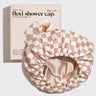 KITSCH satin-lined flexi shower cap with terracotta checker pattern, featuring a flexible design and waterproof material.
