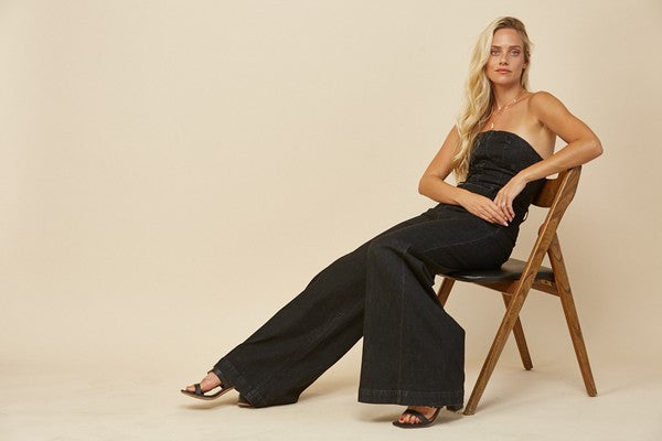 Off-Shoulder Bustier Denim Jumpsuit – Wide Leg Stretch Western Chic
