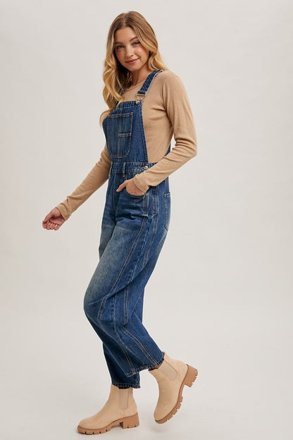 Women’s blue denim barrel overalls with relaxed wide-leg fit and bib-style design, casual bottoms by blueivy.