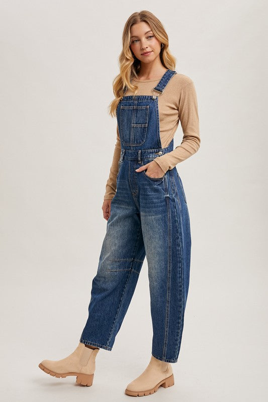 Blueivy women’s denim barrel overalls with relaxed wide-leg fit, featuring a bib top and casual style.