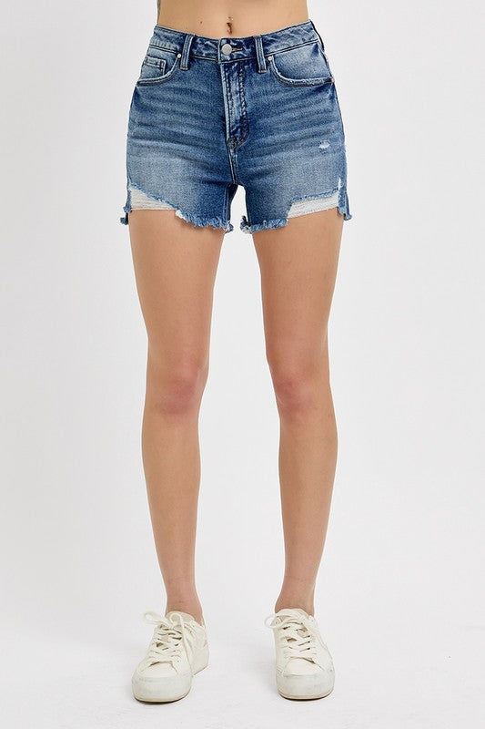 Tummy Control High Rise Distressed Denim Shorts – Frayed Hem Stretch Fit