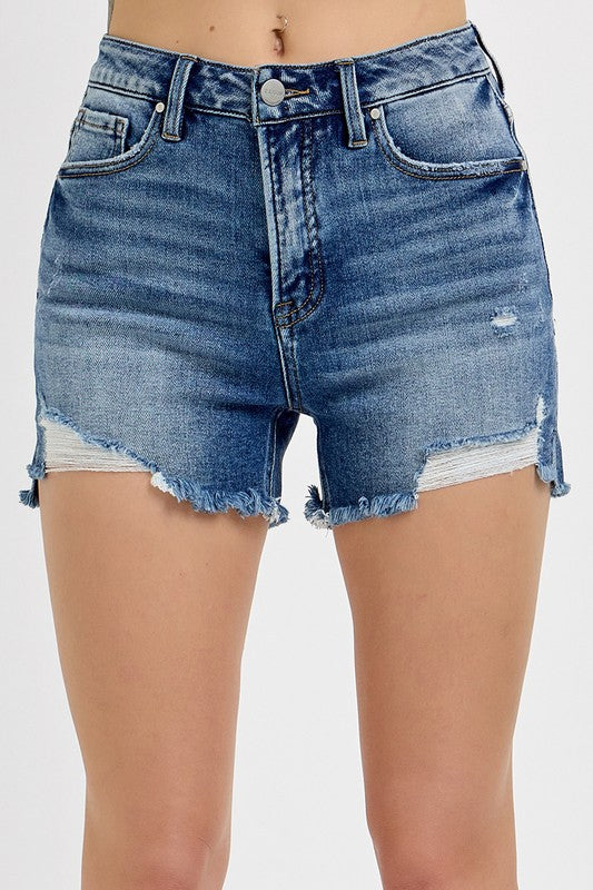 Tummy Control High Rise Distressed Denim Shorts – Frayed Hem Stretch Fit