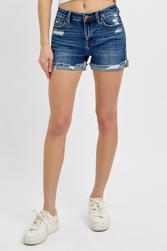 Risen Mid Rise Distressed Cuffed Denim Shorts – Women's Rolled Jean Shorts