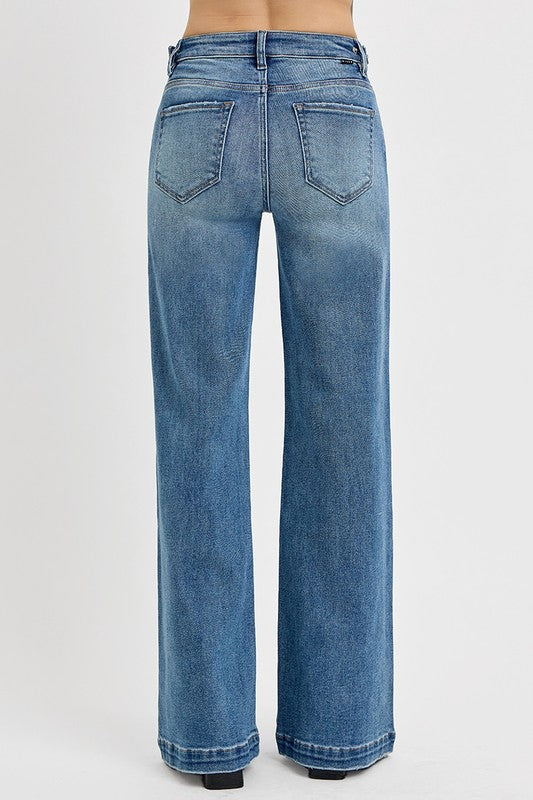 Tummy Control High Rise Wide Leg Jeans with Adjustable Waistband
