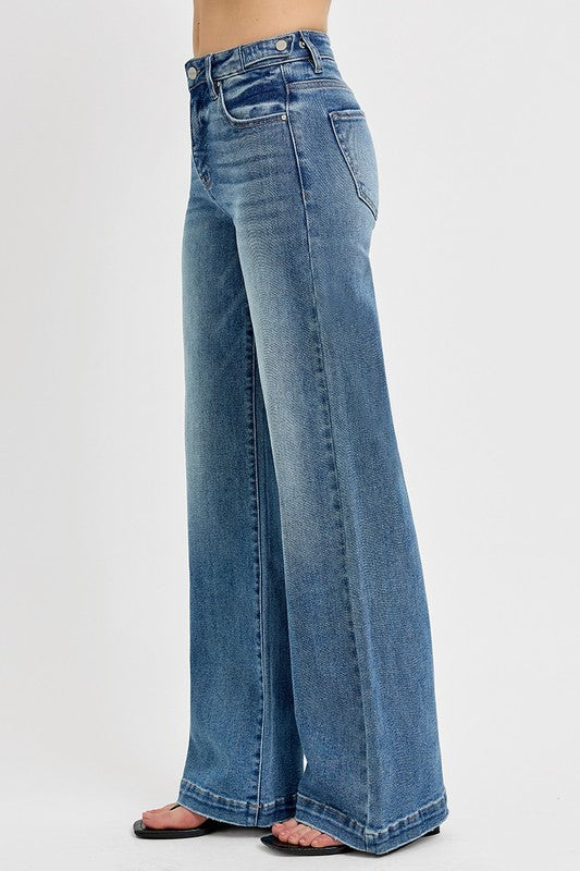 Tummy Control High Rise Wide Leg Jeans with Adjustable Waistband