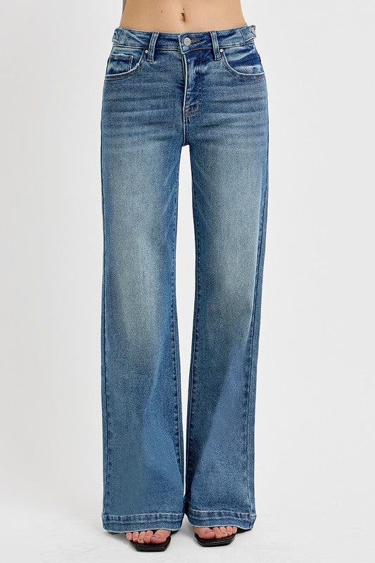Tummy Control High Rise Wide Leg Jeans with Adjustable Waistband