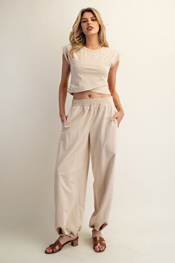 Beige Sleeveless Crop Top & Elastic Waist Lounge Pants Set Top Only