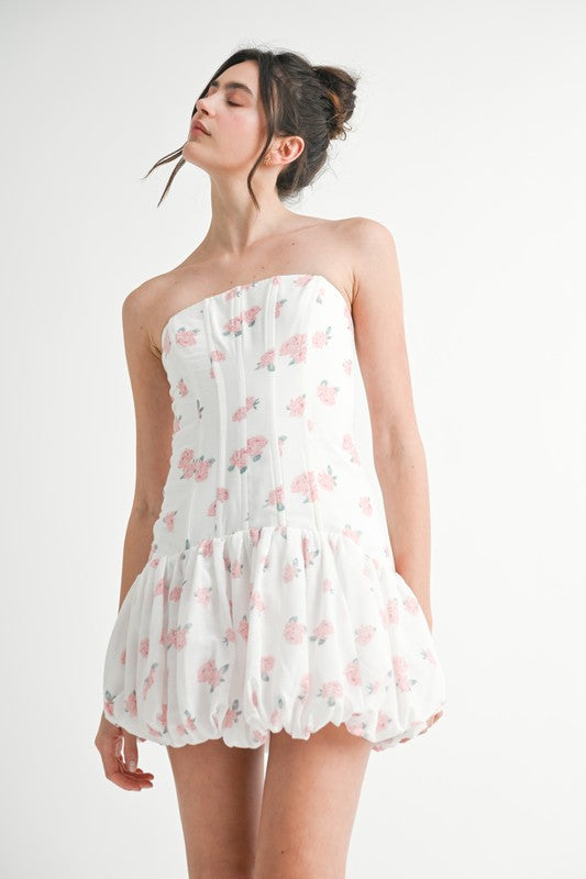 Floral Strapless Mini Dress | White Bubble Hem Corset Dress for Women