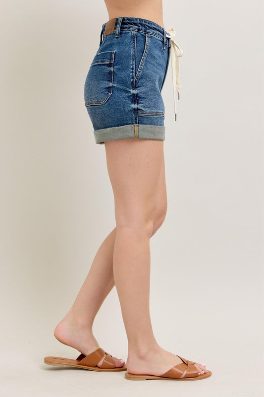 Judy Blue High Rise Drawstring Denim Shorts – Rolled Cuff Jean Shorts for Women