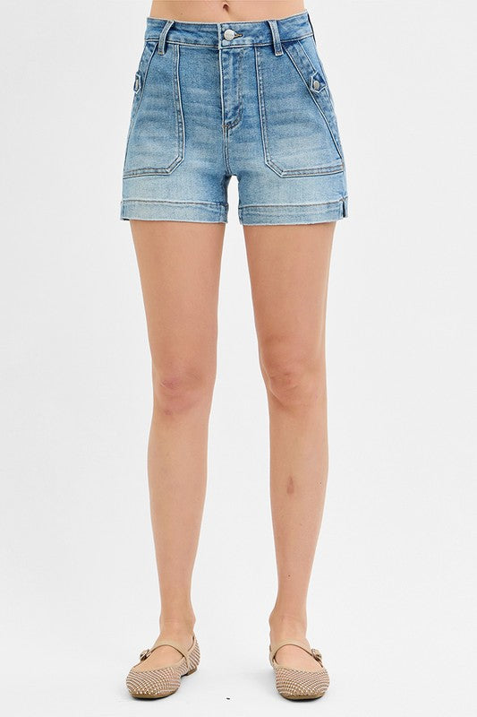 High Rise Patched Pocket Denim Shorts – Light Wash