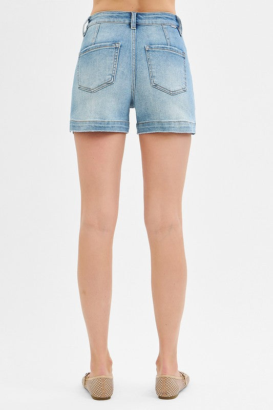 High Rise Patched Pocket Denim Shorts – Light Wash