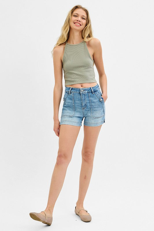 High Rise Patched Pocket Denim Shorts – Light Wash