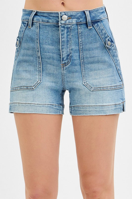 High Rise Patched Pocket Denim Shorts – Light Wash