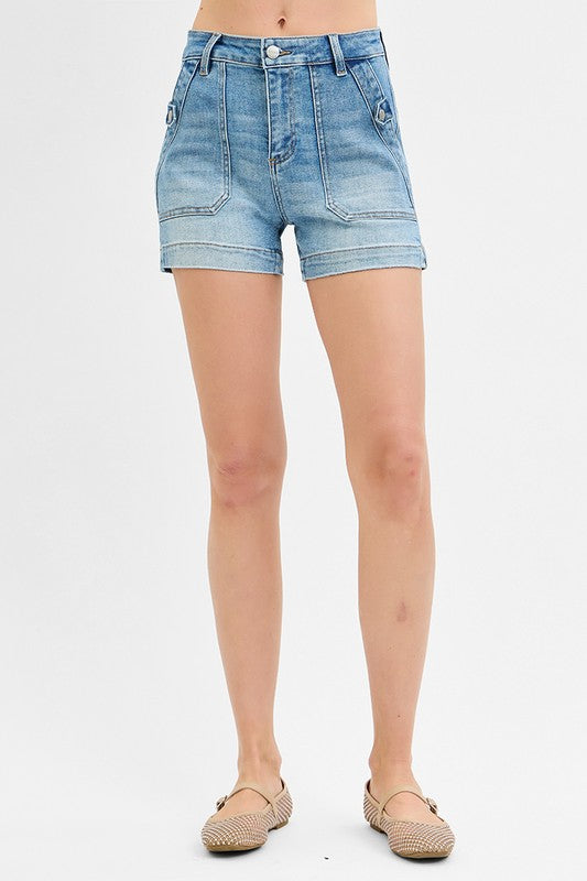 High Rise Patched Pocket Denim Shorts – Light Wash