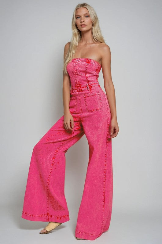 Deep Pink Western Tube Denim Jumpsuit – Wide Leg Mineral Wash Boho Babe