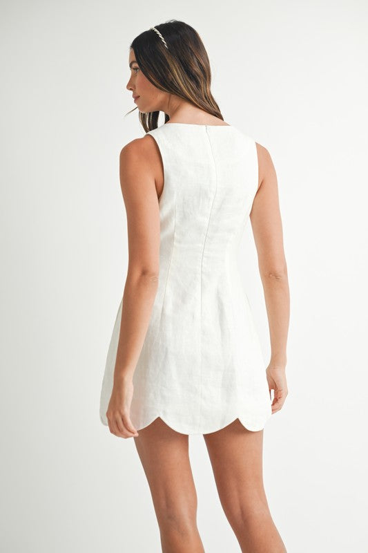 Oatmeal Linen Mini Dress with Scalloped Hem | Sleeveless Summer Dress for Women