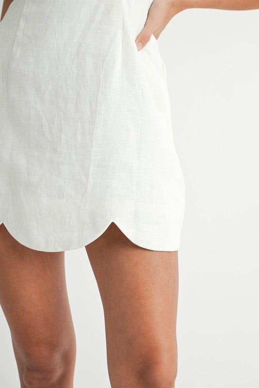 Oatmeal Linen Mini Dress with Scalloped Hem | Sleeveless Summer Dress for Women