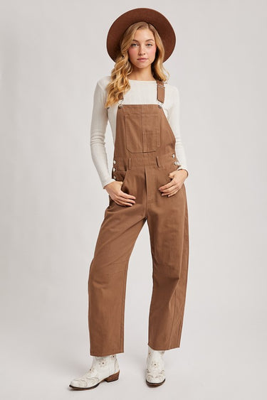Women’s brown barrel leg overalls by blueivy, Western cowboy-style jumpsuit with adjustable straps and classic cowgirl charm.