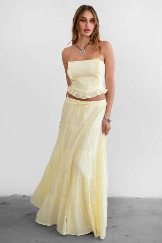 TICTOC Juliea lightweight gauze two-piece maxi skirt set featuring a flowy skirt and matching top in airy fabric.