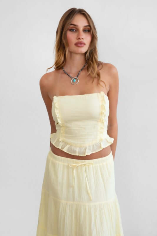 TICTOC Juliea lightweight gauze two-piece maxi skirt set featuring a flowy skirt and matching top, perfect for casual summer wear.