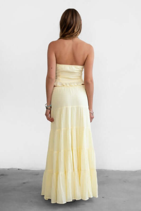 TICTOC Juliea lightweight gauze two-piece maxi skirt set featuring a flowing skirt and matching top in soft, breathable fabric.