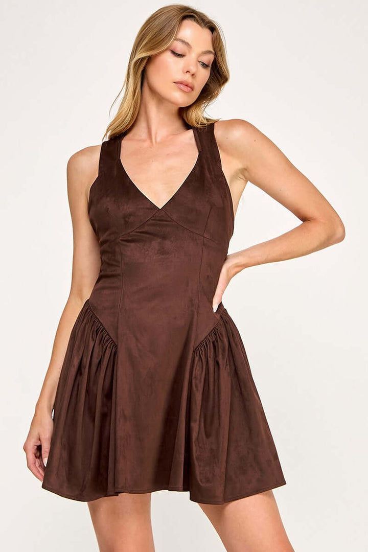 Suede V Neck MIni Dress