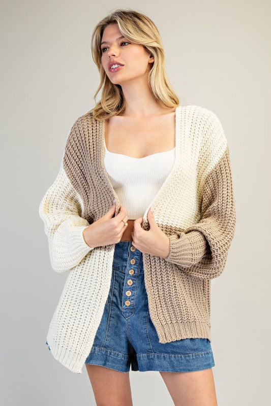 Color Block Chunky Knit Open Cardigan – Taupe & Ivory