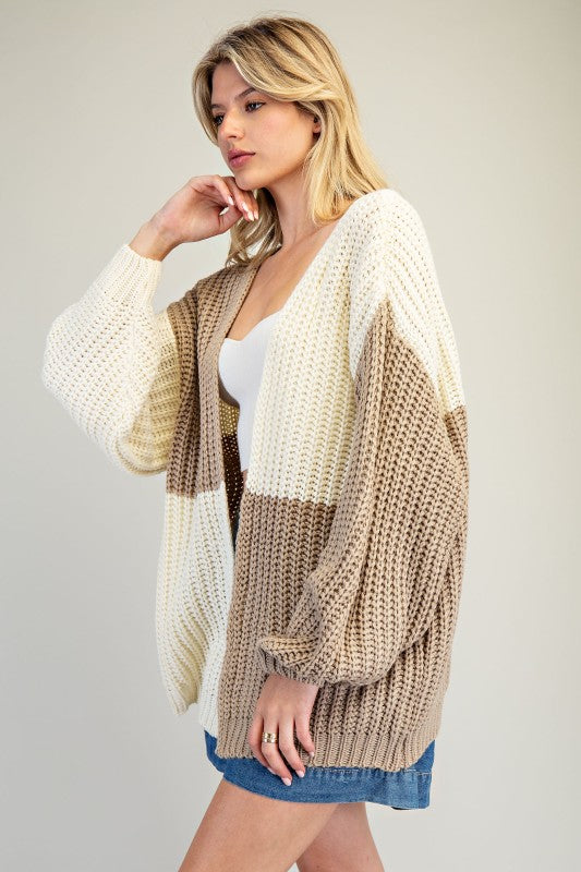 Color Block Chunky Knit Open Cardigan – Taupe & Ivory