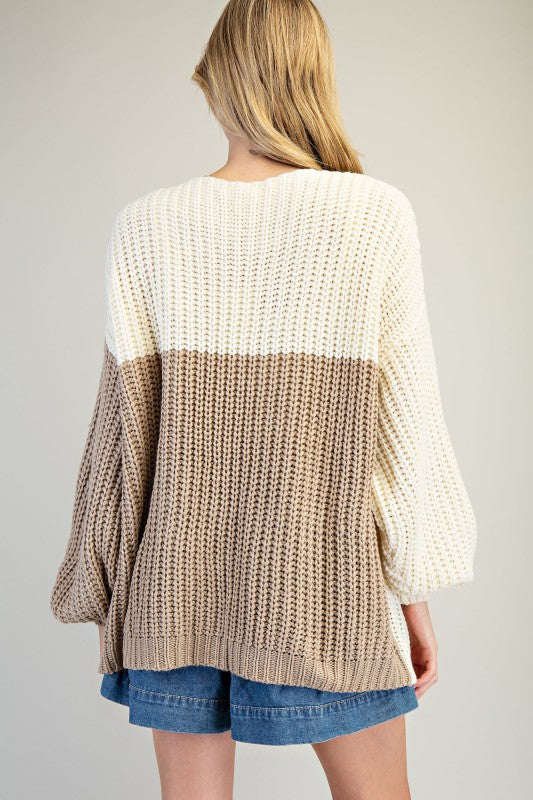 Color Block Chunky Knit Open Cardigan – Taupe & Ivory