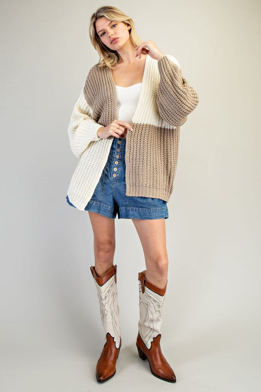 Color Block Chunky Knit Open Cardigan – Taupe & Ivory