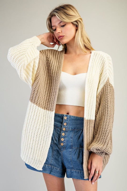 Color Block Chunky Knit Open Cardigan – Taupe & Ivory