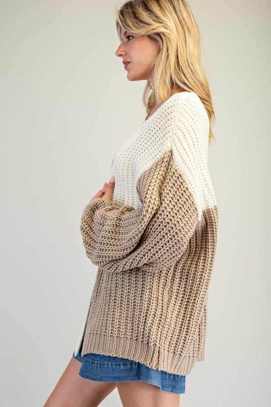 Color Block Chunky Knit Open Cardigan – Taupe & Ivory