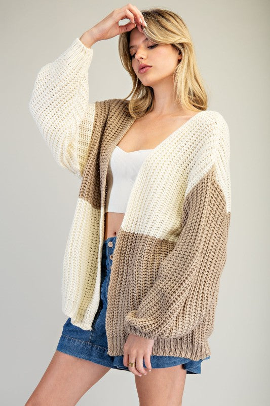 Color Block Chunky Knit Open Cardigan – Taupe & Ivory