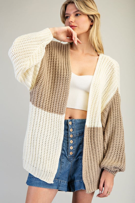 Color Block Chunky Knit Open Cardigan – Taupe & Ivory