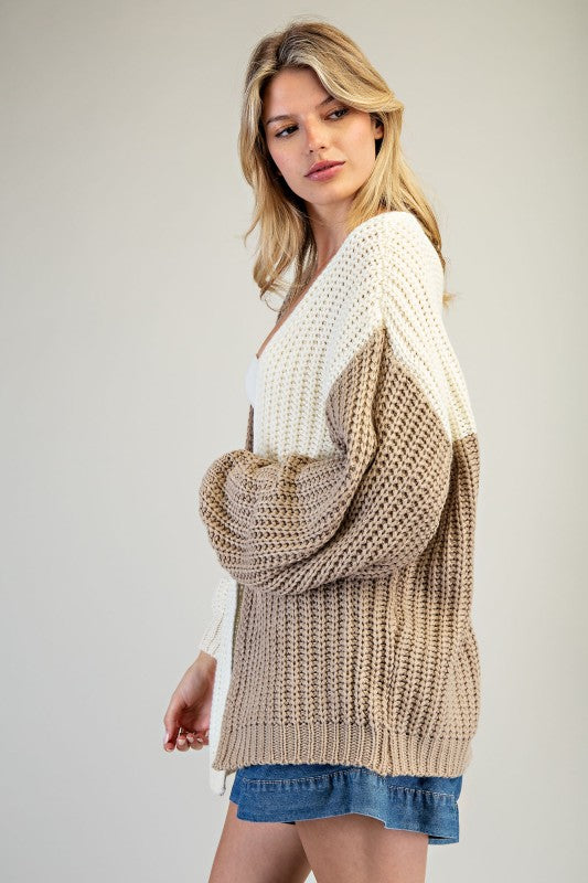 Color Block Chunky Knit Open Cardigan – Taupe & Ivory