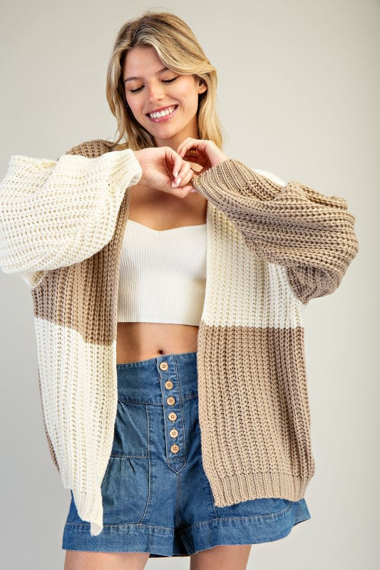 Color Block Chunky Knit Open Cardigan – Taupe & Ivory