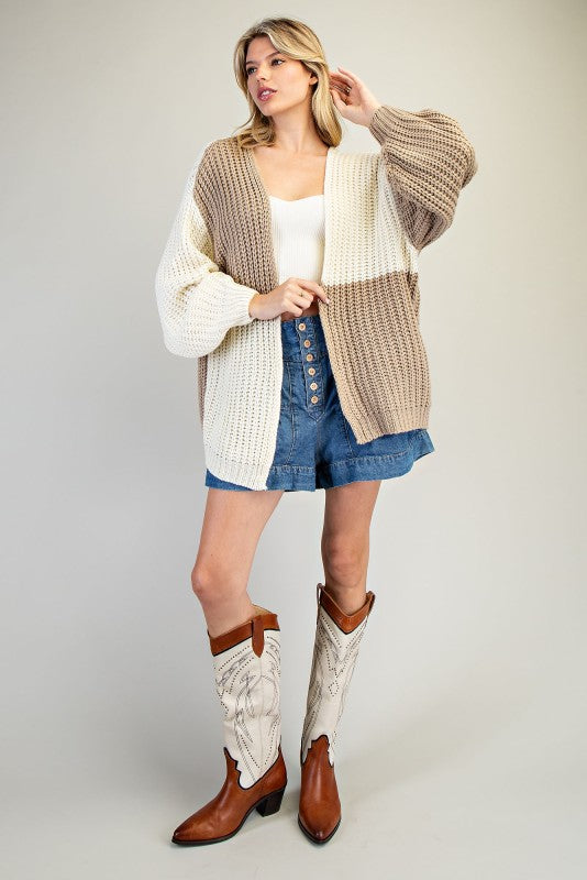 Color Block Chunky Knit Open Cardigan – Taupe & Ivory