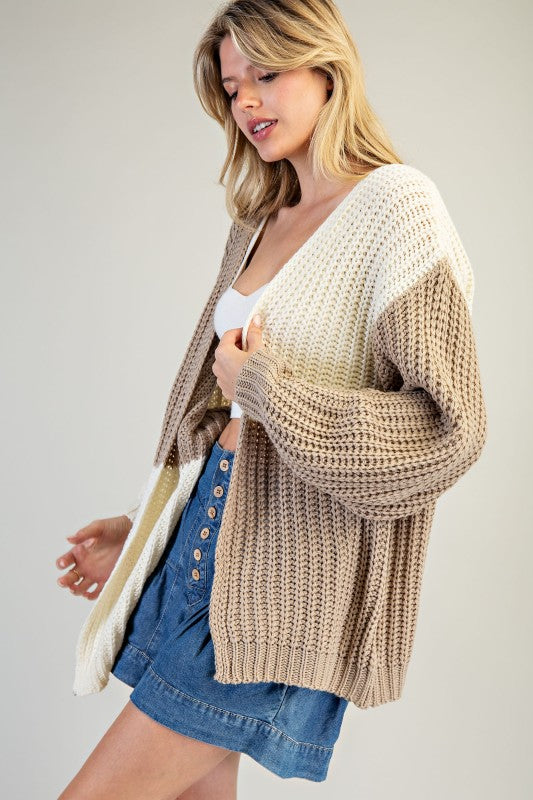 Color Block Chunky Knit Open Cardigan – Taupe & Ivory