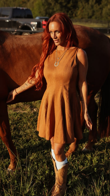 Western Brown Faux Suede Fit & Flare Mini Dress