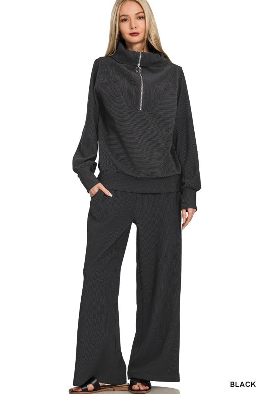 Zenana Ribbed Half Zip Lounge Set – Wide Leg Pants